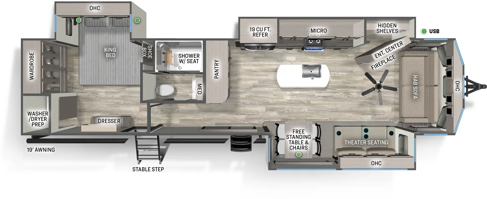 The 401FLX has three slide outs and two entries. Exterior features a 19 foot awning and stable step main entry. Interior layout front to back: front hide-a-bed sofa with overhead cabinets; off-door side slideout with entertainment center with fireplace below and hidden shelves behind, kitchen counter, cooktop, microwave, overhead cabinets, and refrigerator; paddle fan and kitchen island with sink; door side slideout with theater seating with overhead cabinets and free-standing table and chairs; pantry along inner wall; patio door entry; off-door side full bathroom with medicine cabinet; rear bedroom with second entry, door side dresser, off-door side king bed slideout with overhead cabinets, shoe box storage, and rear wardrobe and closet with washer/dryer prep.